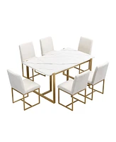 Modern Dining Table Set for 6 Faux Marble Kitchen Table Set with 6 Upholstered Dining Chairs, 7-Piece, White+Golden
