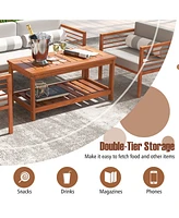 2-Tier Patio Coffee Table with Slatted Tabletop and Shelf