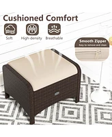 2 Pieces Outdoor Patio Pe Wicker Ottomans with Removable Cushions