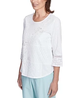 Alfred Dunner Petite Lace-Patchwork 3/4-Sleeve Top