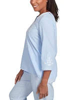 Alfred Dunner Petite Embroidered Split-Neck 3/4-Sleeve Top