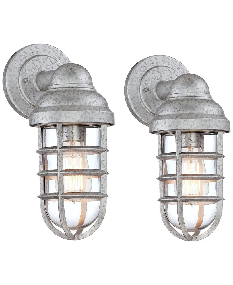 Marlowe Modern Rustic Industrial Outdoor Wall Lights Set of 2 Galvanized Steel 13 1/4" Cage Frame Clear Glass Shade for Exterior Deck House Porch