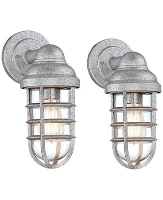 Marlowe Modern Rustic Industrial Outdoor Wall Lights Set of 2 Galvanized Steel 13 1/4" Cage Frame Clear Glass Shade for Exterior Deck House Porch
