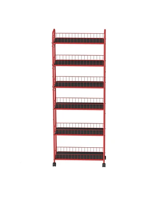 Red 6 Tier Slim Rolling Storage Cart, Mobile Shelving Unit with Wheels, Metal Wire Storage Shelving Rack with Baskets for Kitchen Bathroom Office Laun