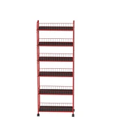 Red 6 Tier Slim Rolling Storage Cart, Mobile Shelving Unit with Wheels, Metal Wire Storage Shelving Rack with Baskets for Kitchen Bathroom Office Laun
