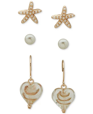 lonna & lilly Gold-Tone 3-Pc. Set Imitation Pearl Stud & Stone Drop Earrings