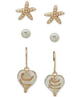 lonna & lilly Gold-Tone 3-Pc. Set Imitation Pearl Stud & Stone Drop Earrings