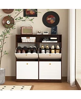 Shoe Storage Cabinet: 4 Flip Drawers, Wooden Handles, Freestanding, Anti-Tip Fitting
