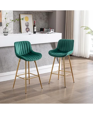 Set Of 2 Bar Stools, With Chrome Footrest Velvet Fabric Counter Stool Golden Leg Simple Bar
