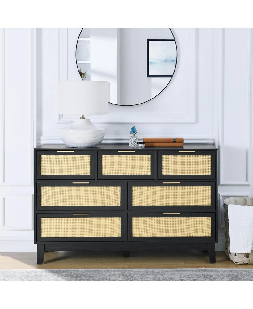 Bedroom 7 drawer dresser, rattan dresser modern wooden chest of drawers with spacious storage space for bedroom hallway living room