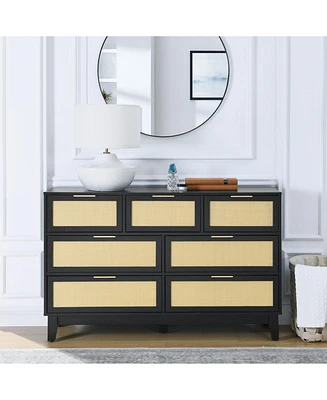 Bedroom 7 drawer dresser, rattan dresser modern wooden chest of drawers with spacious storage space for bedroom hallway living room