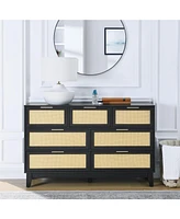 Bedroom 7 drawer dresser, rattan dresser modern wooden chest of drawers with spacious storage space for bedroom hallway living room