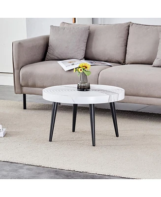 Elegant Marble Round Coffee Table with Black Metal Legs