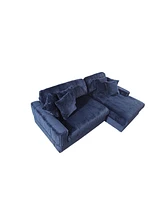 Modern Corduroy Blue Corner sofa Sleeper Sofa Couch With Comfy Deep Seat& 6 Pillows