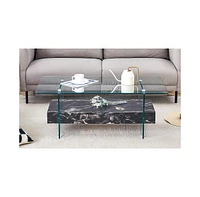 43.3" Modern Two-Tier Glass Coffee Table w/ Marble Texture & Drawer