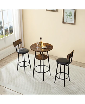 Retro Industrial 3-Piece Dining Set with Storage and Bar Chairs