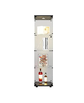 Led lights Glass Display Cabinet 4 Shelves with Door, Floor Standing Curio Bookshelf for Living Room Bedroom Office, 64.7" 16.7" 14.3",
