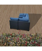 Seven-Piece Black Rattan Outdoor Sofa Set w/ Blue Cushions