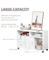 Printer Stand Home Office Mobile Cabinet Organizer Desktop with Caster Wheels, 2 Locking Breaks and Drawer, White