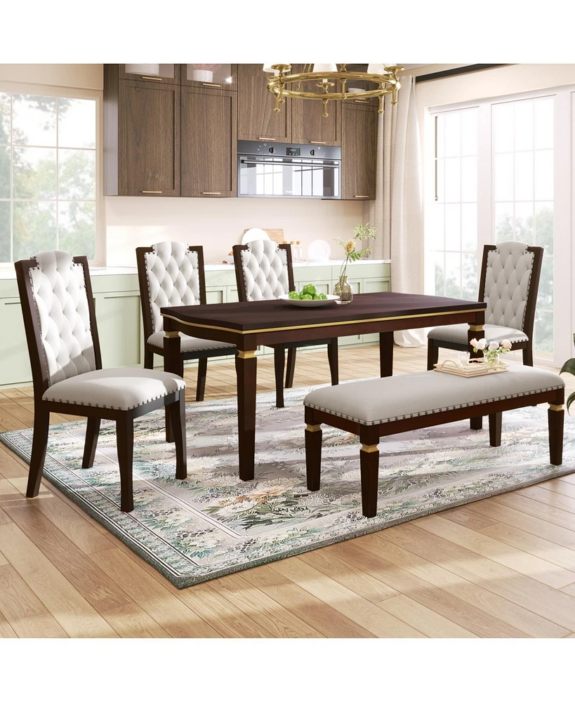 6-Piece Kitchen Dining Table Set, 60" Rectangular Table and 4 High-Back Tufted Chairs & 1 Bench for Dining Room and Kitchen (Black)