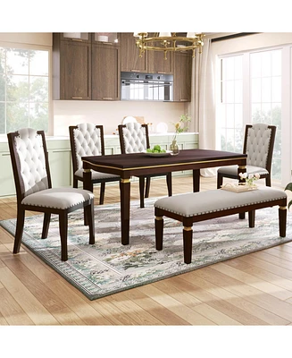 6-Piece Kitchen Dining Table Set, 60" Rectangular Table and 4 High-Back Tufted Chairs & 1 Bench for Dining Room and Kitchen (Black)