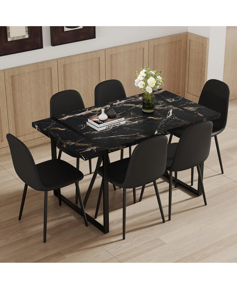 Modern Dining Set with 6 Upholstered Chairs, 55"x31.4" Black Marble Pattern