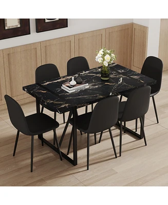 Modern Dining Set with 6 Upholstered Chairs, 55"x31.4" Black Marble Pattern