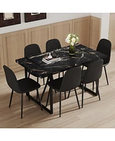 Modern Dining Set with 6 Upholstered Chairs, 55"x31.4" Black Marble Pattern