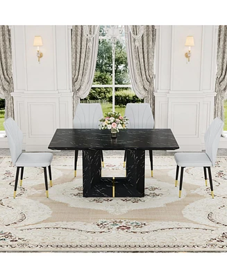 Black Marble Mdf Dining Set with Light Gray Pu Chairs
