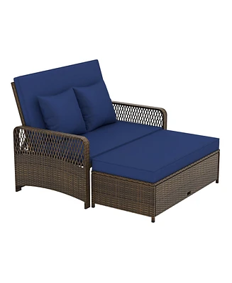 Patio Adjustable Wicker Daybed with 4-Level Backrest and Soft Cushions-Navy