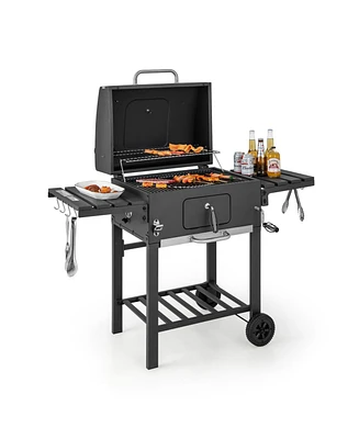 Outdoor Bbq Charcoal Grill with 2 Foldable Side Table and Wheels