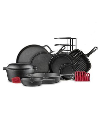Cuisinel 18-Piece Cast Iron Cookware Set – Pre-Seasoned Skillets, Grill Pan, Griddle, Dutch Oven, Pizza Pan, Combo Lid, Pan Rack, Silicone Hand