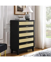Bedroom 5 drawer dresser, rattan dresser modern wooden chest of drawers with spacious storage space for bedroom hallway living room
