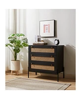 Rattan Storage Cabinet with 3 Large Drawers, Boho Mid-Century Wooden Nightstand Drawer Dresser, Sideboard Buffet Cabinet with Storage for Living Room