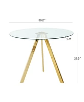 39.2" Round Glass Dining Table with Gold Metal Legs