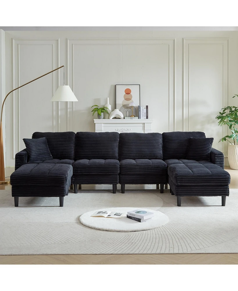 Oversized U-Shaped Corduroy Sectional Sofa with Ottomans (Black)