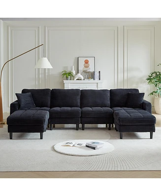 Oversized U-Shaped Corduroy Sectional Sofa with Ottomans (Black)