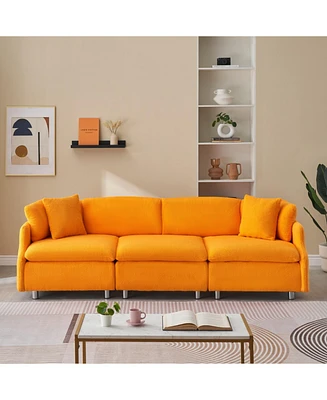 95.3 inches velvet grey two throw pillows, spacious and comfortable 3 seat sofa, suitable for modern living room. orange