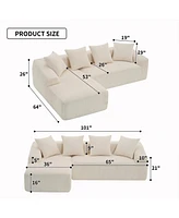 White Corduroy Compression Sofa with Chaise & Pillows