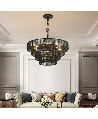 4-Tier Black Hemp Rope Chandelier with 6 Sockets, Ul Listed Hardwired Pendant Light