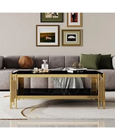 Top and Bottom Double Layer Tempered Glass Coffee Table and Mirror Finished Stainless Steel Frame