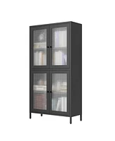 Classic Metal Storage Cabinet Display Cabinet with 4 Glass Doors 4 Shelves Cabinet Bookcase Side Cabinet for Home Office Living Room Kitchen Hallway