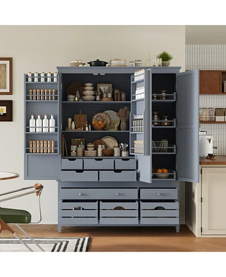 Wooden Kitchen Pantry Cabinet, 56in, 10 Drawers