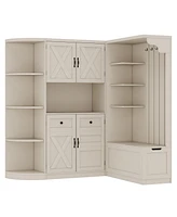 Hall Cabinet w/ Storage & Hooks - Beige