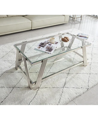 47" Stainless Steel Coffee Table with Glass Top and Storage