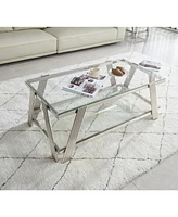 47" Stainless Steel Coffee Table with Glass Top and Storage