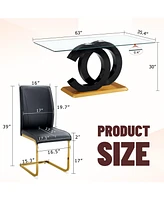 63" Glass Dining Set with 6 Black Chairs & Gold Legs