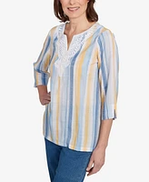 Alfred Dunner Women's Flower Power Striped Detail Button Front Top