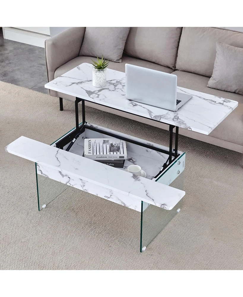 Multifunctional Lift Top Coffee Table with Modern Marble Pattern and Tempered Glass Legs