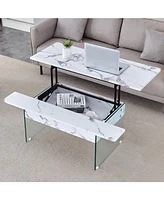 Multifunctional Lift Top Coffee Table with Modern Marble Pattern and Tempered Glass Legs